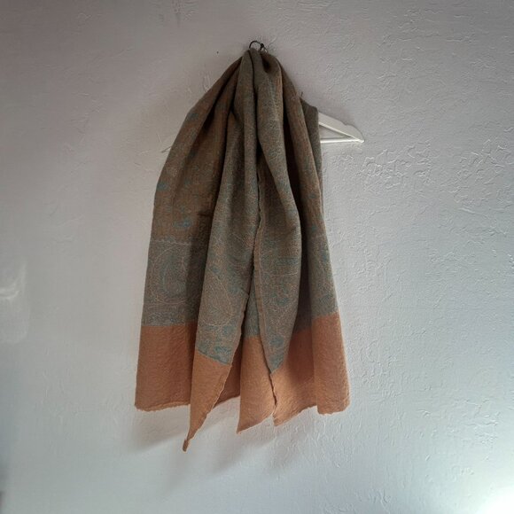 Women's Paisley Pattern Wool Scarf 55 x 27 Inches Brown Green Lightweight - Picture 1 of 3